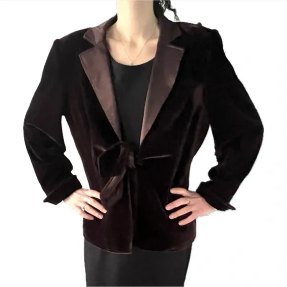 Vintage 90s Espresso Brown Velvet Blazer w/ Satin Shawl Collar & Bow Closure” - Picture 13 of 16